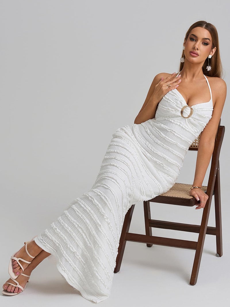 HTZMO Women Elegant Summer Casual Bodycon Maxi Dress Sexy V Neck Halter Ruffle Wedding Guest Long Dresses White M - Image 5