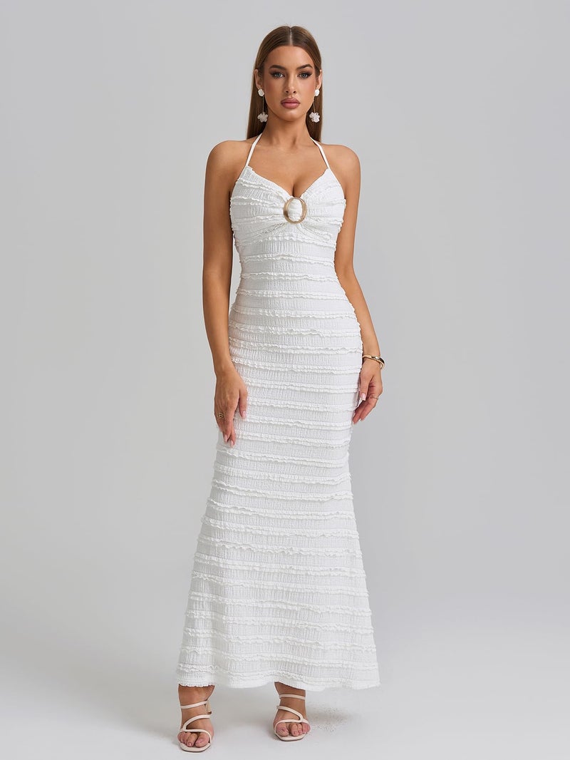HTZMO Women Elegant Summer Casual Bodycon Maxi Dress Sexy V Neck Halter Ruffle Wedding Guest Long Dresses White M - Image 3
