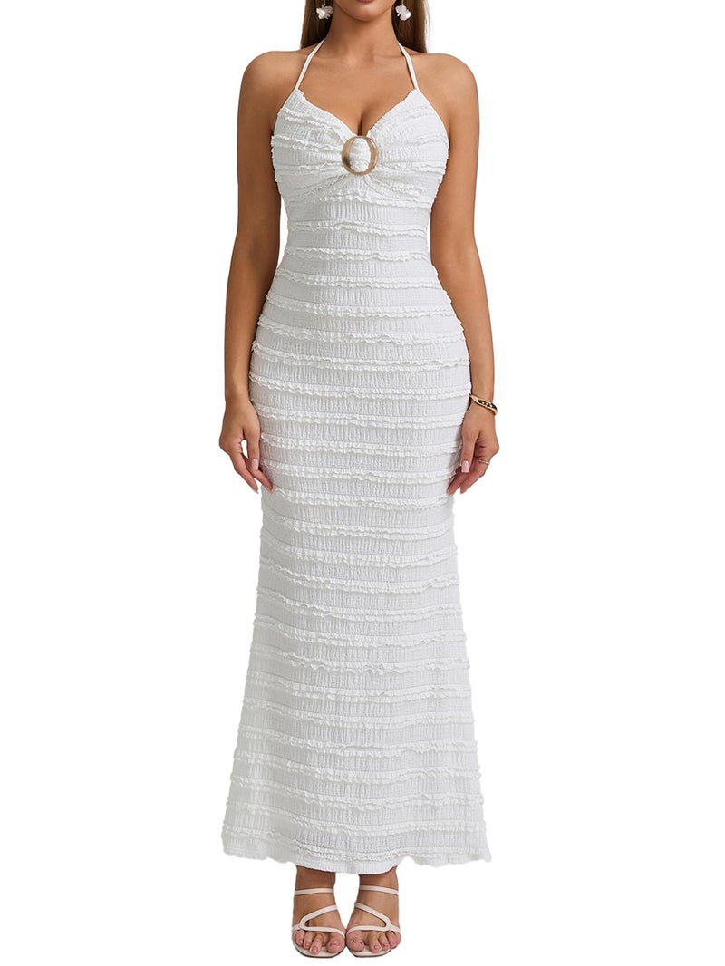 HTZMO Women Elegant Summer Casual Bodycon Maxi Dress Sexy V Neck Halter Ruffle Wedding Guest Long Dresses White M - Image 1