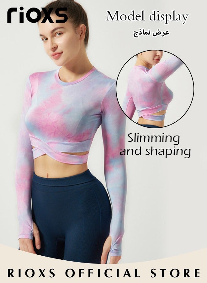 RIOXS Women's Crew Neck Long Sleeve Crop Top Tie Dye Criss Cross Sports Shirt Tops For Yoga Fitness Running  - Image 5