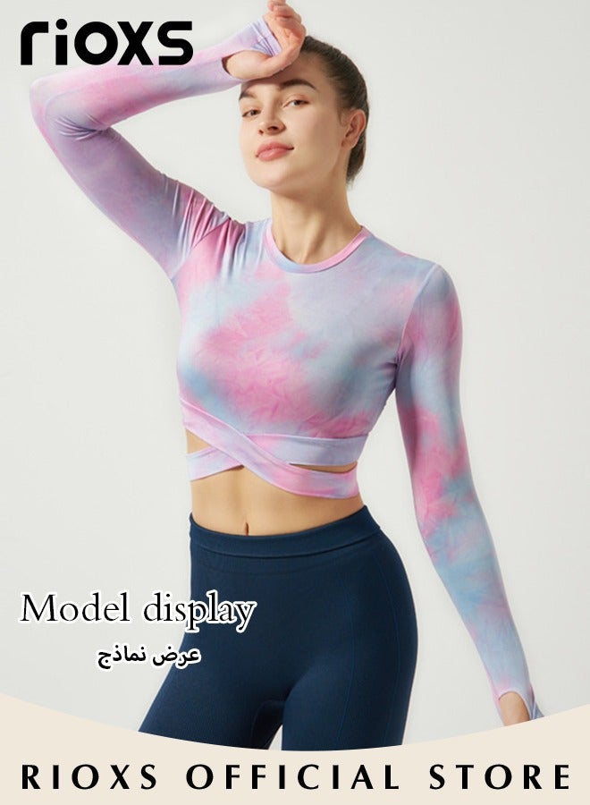 RIOXS Women's Crew Neck Long Sleeve Crop Top Tie Dye Criss Cross Sports Shirt Tops For Yoga Fitness Running  - Image 2