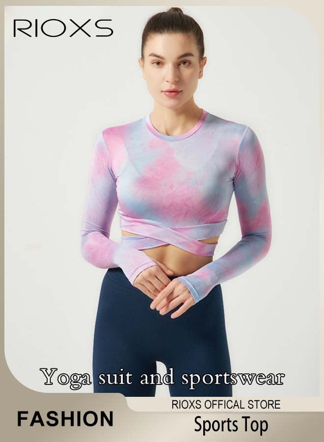 RIOXS Women's Crew Neck Long Sleeve Crop Top Tie Dye Criss Cross Sports Shirt Tops For Yoga Fitness Running  - Image 1