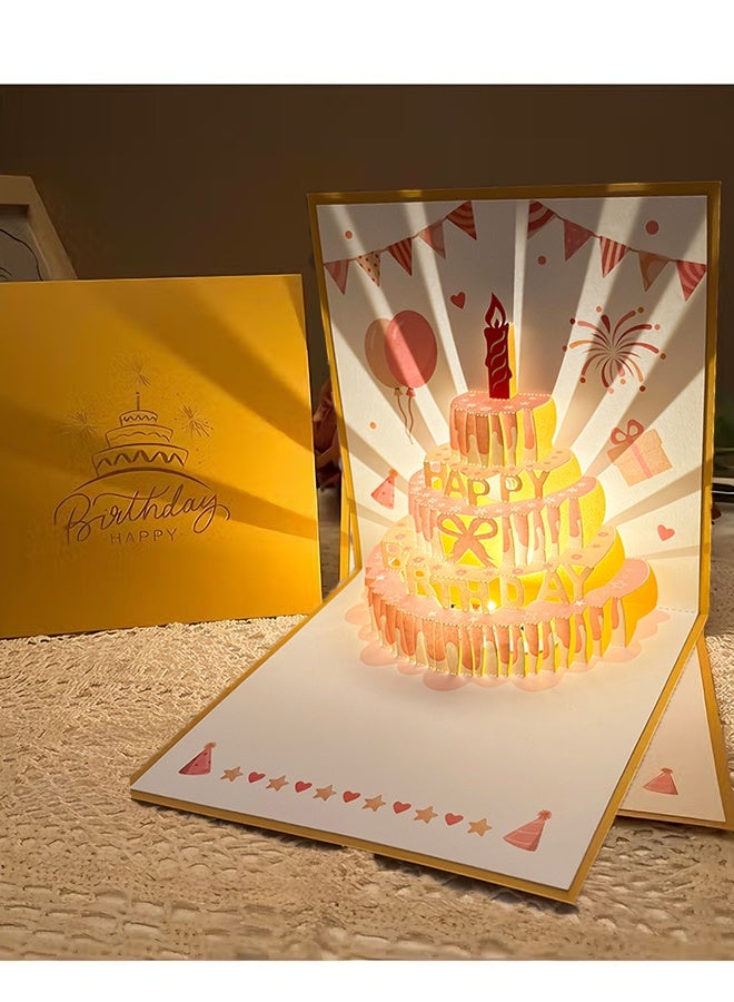 هابي دي بطاقات عيد ميلاد ثلاثية الأبعاد، بطاقة كعكة عيد ميلاد بإضاءة LED دافئة وتشغيل الموسيقى، بطاقات تهنئة موسيقية كهدية للنساء مثل الأم أو الزوجة أو الأخت أو الفتاة - Image 1