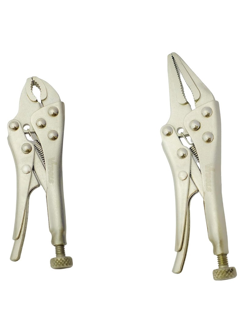 VTOOLS 2 PCS Mini 4 Inch Curved and Long Nose Locking Pliers, Chrome Vanadium Steel, Heavy Duty Locking Pliers with Wire Cutter - Image 1