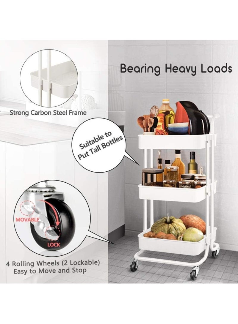 بلومنغ تايم عربة أدوات متحركة بثلاث طبقات، عربة تنظيم معدنية متحركة بمقبض وعجلات قابلة للقفل، أرفف تخزين متعددة الوظائف للمطبخ وغرفة المعيشة والمكتب - أبيض - Image 3