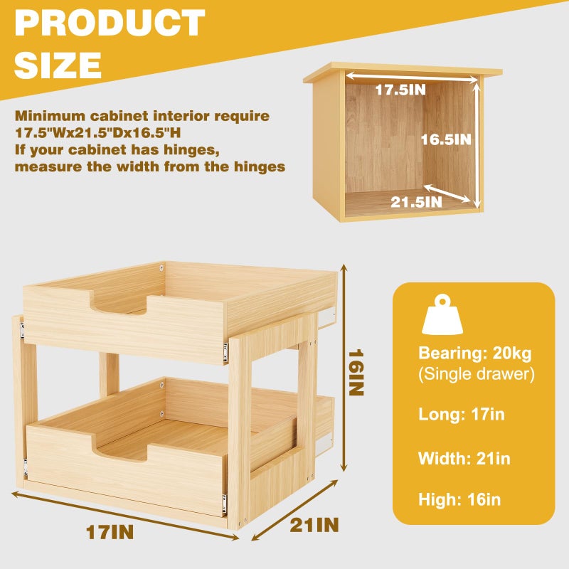 Grehitk Pull Out Cabinet Organizer, 17''WÃ—21''DÃ—16''H Soft Close Slide Out Wooden Pull out Drawers, Double Tier Slide out Wood Cabinet Organizer, for Base Cabinet Organization in Kitchen, Pantry, Bathroom - Image 2