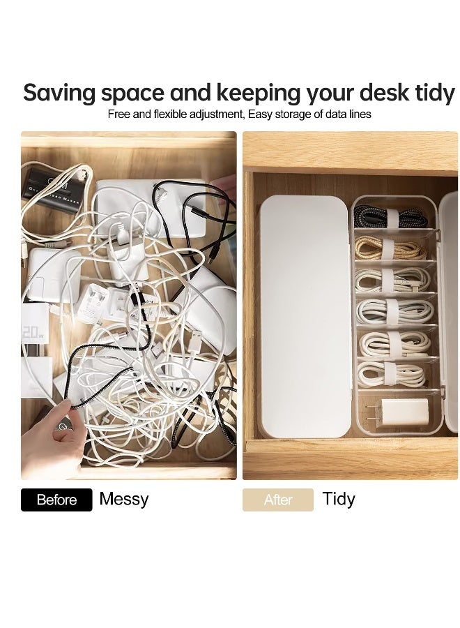 Cable Organizer Storage Box with 7 Wire Ties, Desktop Cable Management Box with Lid, Power Cord Organizer with 7 Compartments for Office, Home, Desk Accessories Storage Stationery Supplies White - Image 3