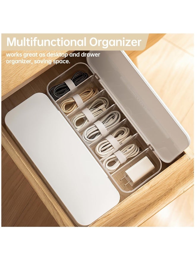 Cable Organizer Storage Box with 7 Wire Ties, Desktop Cable Management Box with Lid, Power Cord Organizer with 7 Compartments for Office, Home, Desk Accessories Storage Stationery Supplies White - Image 2