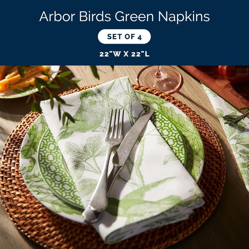 CASKATA Arbor Birds Green Dinner Napkins Set of 4  100 Cotton Cloth Set for Entertaining or Everyday Table  for Wedding Birthday Christmas Green and White 22 Inch Square - Image 2