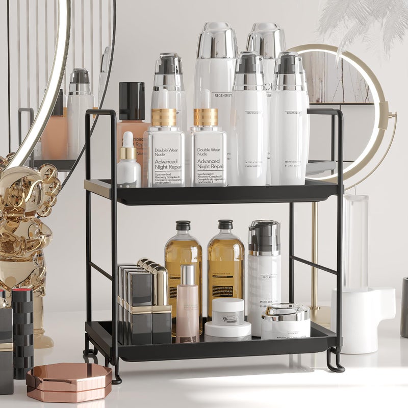 NLBTW 2Tier Bathroom Counter Organizer Thickened Plastics Makeup Skincare Perfume Organizers for Vanity ToolLess Installation Corner Countertop Organizer for Bathroom Dresser Kitchen Black