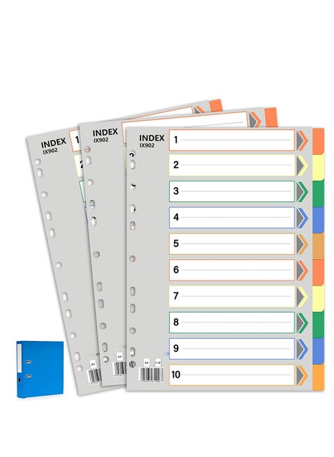 3 Pack File Dividers, Binder Dividers with Tabs A4 Size 10 Tab Dividers for 3 Ring Binder 11 Pre-Punched Holes, A4+ File Dividers for Office Home School