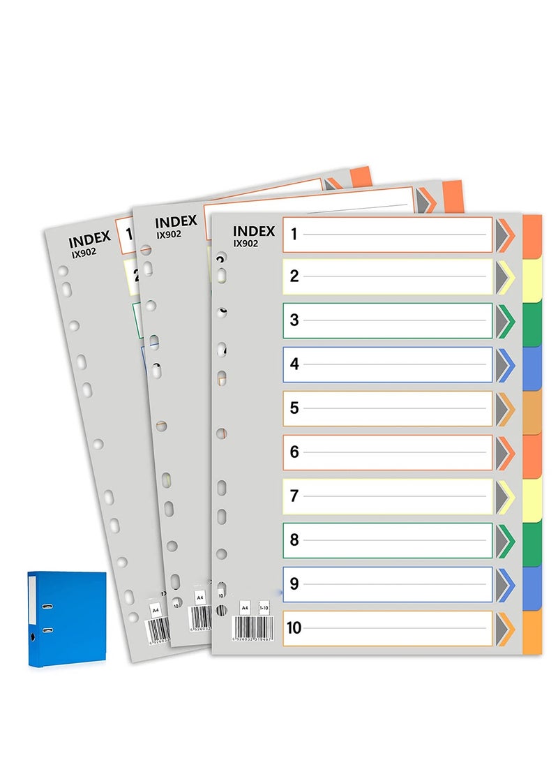 SYOSI - 3 Pack File Dividers, Binder Dividers with Tabs A4 Size 10 Tab Dividers for 3 Ring Binder 11 Pre-Punched Holes, A4+ File Dividers for Office Home School - Image 1