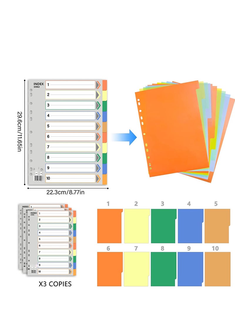 SYOSI - 3 Pack File Dividers, Binder Dividers with Tabs A4 Size 10 Tab Dividers for 3 Ring Binder 11 Pre-Punched Holes, A4+ File Dividers for Office Home School - Image 1