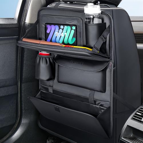 Coverado Backseat Car Organizer Nappa Leather Car Seat Organizer with Touch Screen Tablet Holder Foldable Food Tray Kick Mats Protector Multi Car Storage Accessories Garbage Bag Holder1 Pack - Image 1