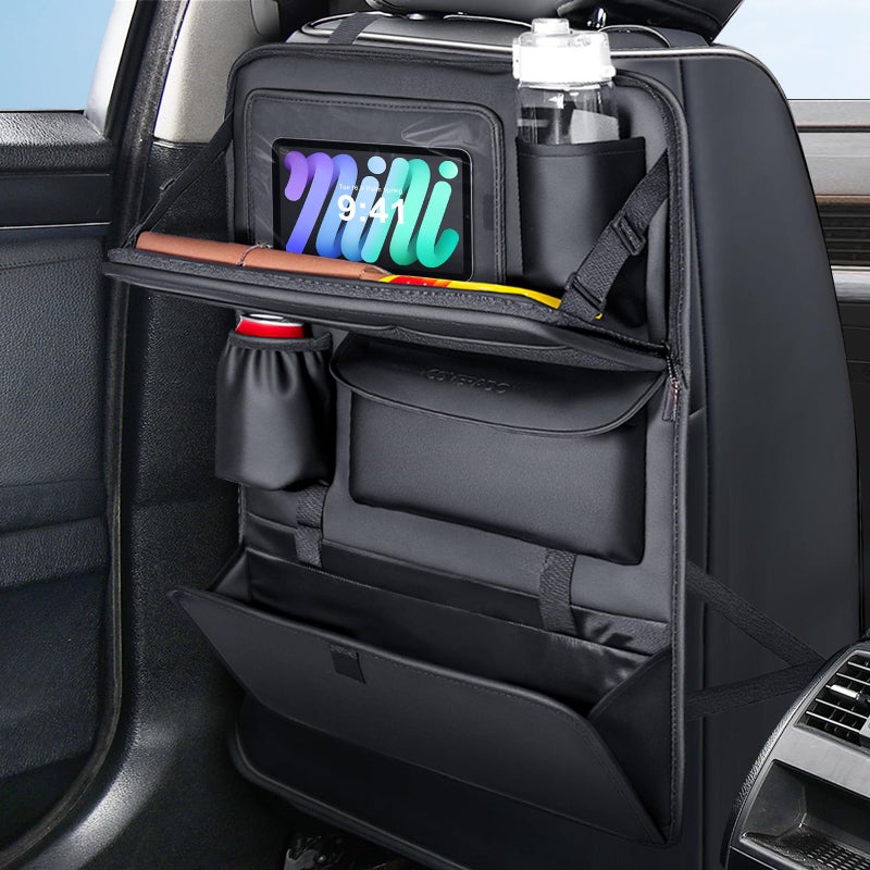 Coverado Backseat Car Organizer Nappa Leather Car Seat Organizer with Touch Screen Tablet Holder Foldable Food Tray Kick Mats Protector Multi Car Storage Accessories Garbage Bag Holder1 Pack - Image 2