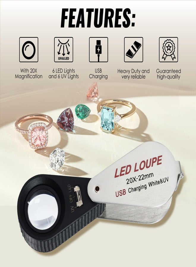 DANOPLUS 20x Magnification Jewelers Loupe with Rechargeable UV & LED Lights Jewelry Loupe 22mm Optical Glass Lens Foldaway Design for Jewelry, Rocks, Coins - Image 3