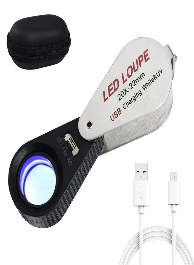 DANOPLUS 20x Magnification Jewelers Loupe with Rechargeable UV & LED Lights Jewelry Loupe 22mm Optical Glass Lens Foldaway Design for Jewelry, Rocks, Coins - Image 1