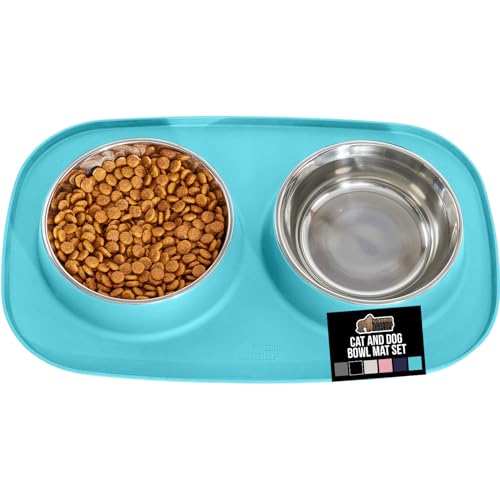 GORILLA GRIP Feeding Mat Bowl Set 3 Cup 100 Waterproof BPA Free Silicone 304 Stainless Steel Cat and Dog Bowls for Food and Water Slip Resistant High Edge US Designed Patent Pending Turquoise - Image 1