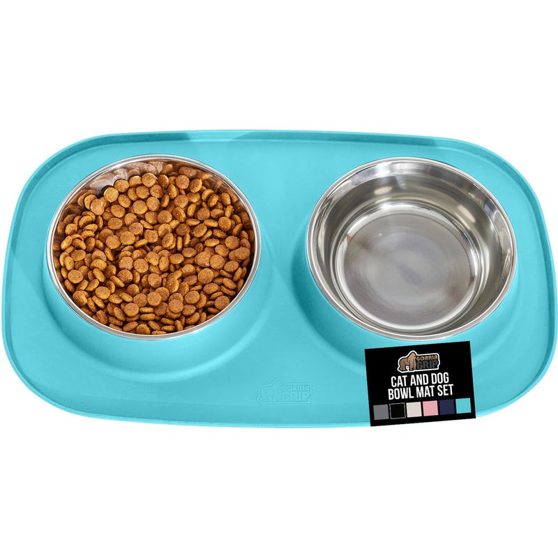 GORILLA GRIP Feeding Mat Bowl Set 3 Cup 100 Waterproof BPA Free Silicone 304 Stainless Steel Cat and Dog Bowls for Food and Water Slip Resistant High Edge US Designed Patent Pending Turquoise - Image 2