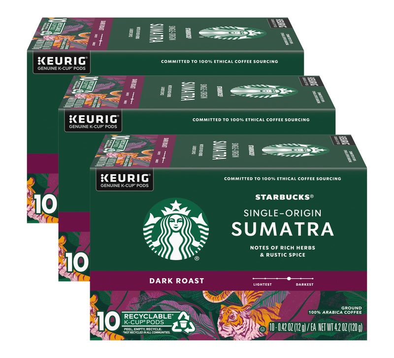 Starbucks Coffee K-Cup Pods, Single-Origin Sumatra Coffee, Dark Roast 100% Arabica Coffee, Keurig Genuine K-Cup Pods, 10 CT K-Cups/Box (Pack of 3 Boxes) - Image 1