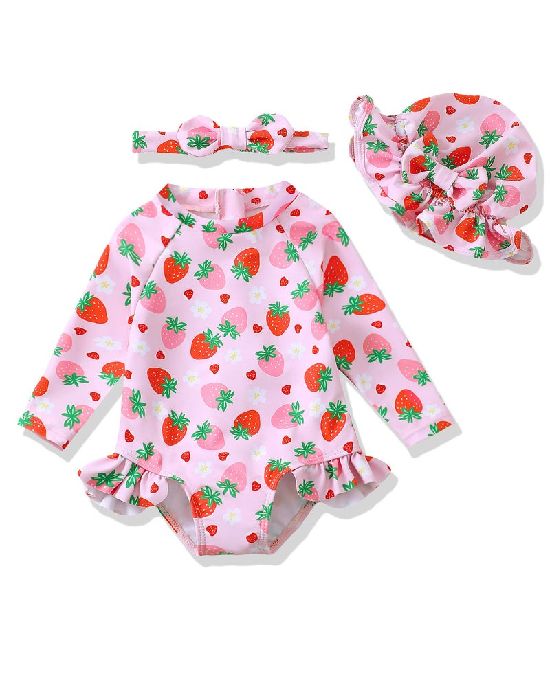 SODLON Baby Girl Swimsuit 6-12 Months Pink Strawberry Long Sleeve One-Piece Infant Bathing Suit Girl Beach Hat Swimwear - Image 1