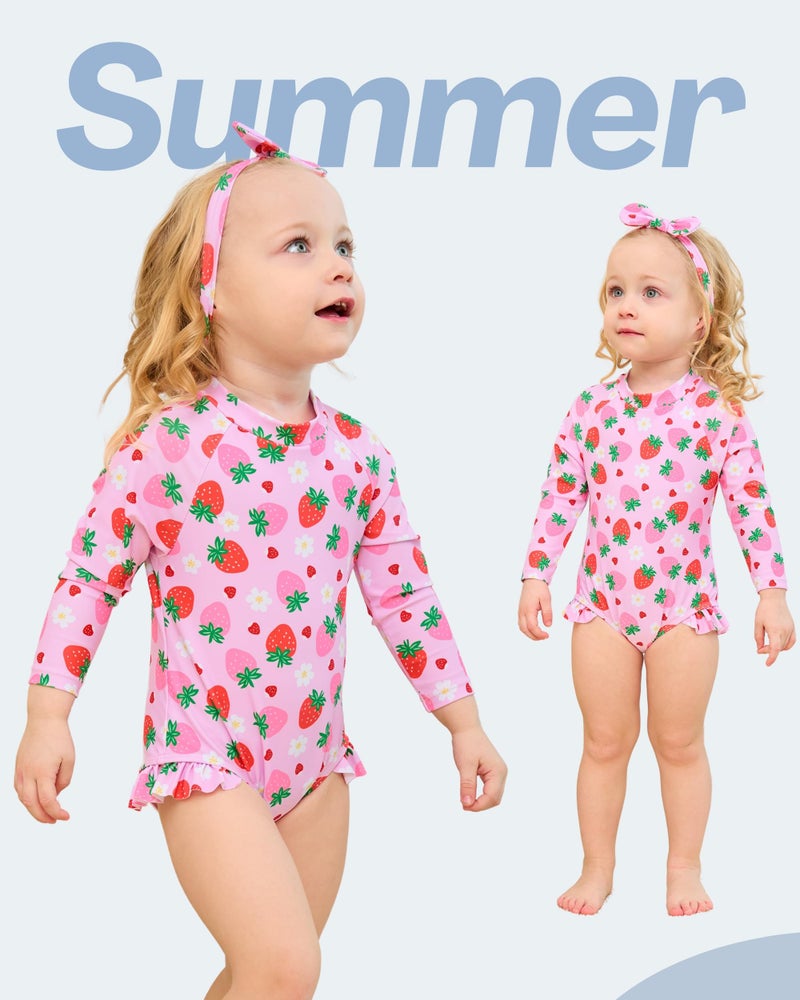 SODLON Baby Girl Swimsuit 6-12 Months Pink Strawberry Long Sleeve One-Piece Infant Bathing Suit Girl Beach Hat Swimwear - Image 4