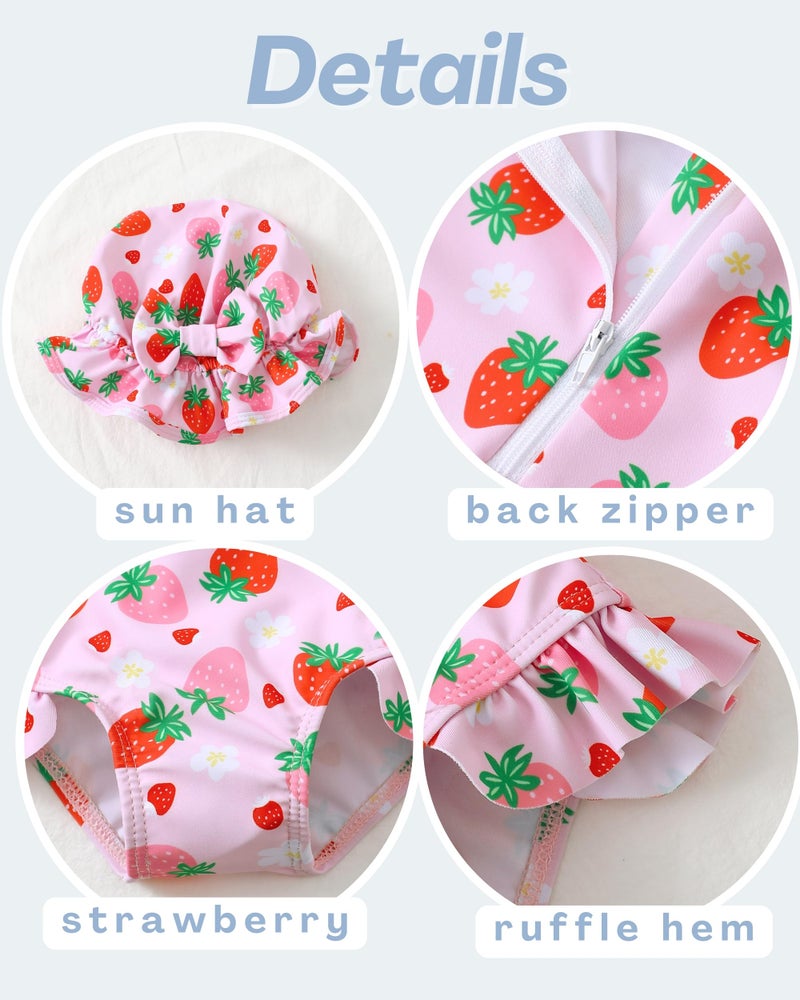 SODLON Baby Girl Swimsuit 6-12 Months Pink Strawberry Long Sleeve One-Piece Infant Bathing Suit Girl Beach Hat Swimwear - Image 5
