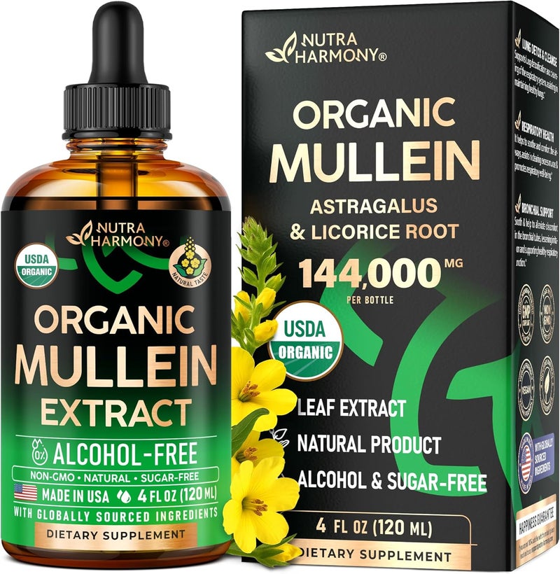 NUTRAHARMONY Mullein Drops for Lungs  USDA Organic Liquid  Mullein Leaf Extract Supplement  Made in USA  Lung  Bronchial Cleanse for Smokers  Respiratory Health Support  As Tincture Tea Pills  4 fl oz - Image 1