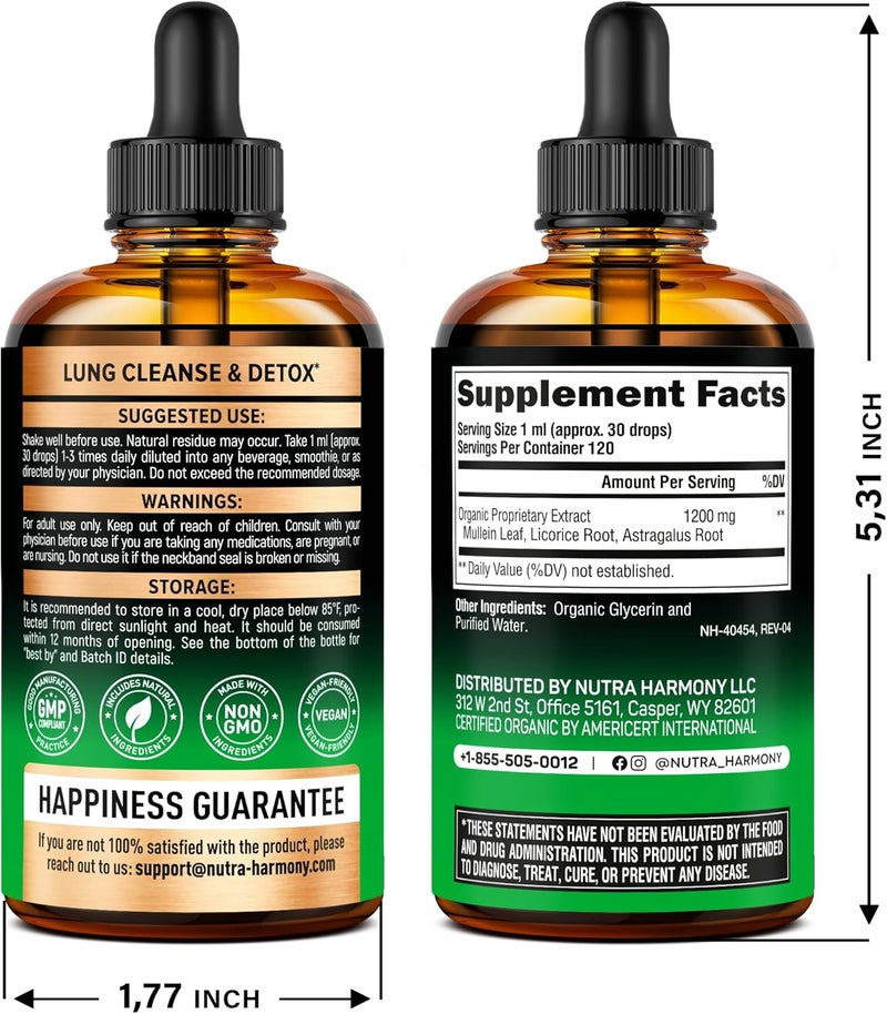 NUTRAHARMONY Mullein Drops for Lungs  USDA Organic Liquid  Mullein Leaf Extract Supplement  Made in USA  Lung  Bronchial Cleanse for Smokers  Respiratory Health Support  As Tincture Tea Pills  4 fl oz - Image 2
