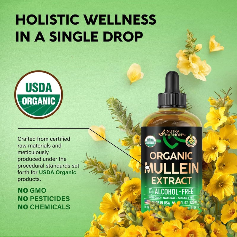 NUTRAHARMONY Mullein Drops for Lungs  USDA Organic Liquid  Mullein Leaf Extract Supplement  Made in USA  Lung  Bronchial Cleanse for Smokers  Respiratory Health Support  As Tincture Tea Pills  4 fl oz - Image 4