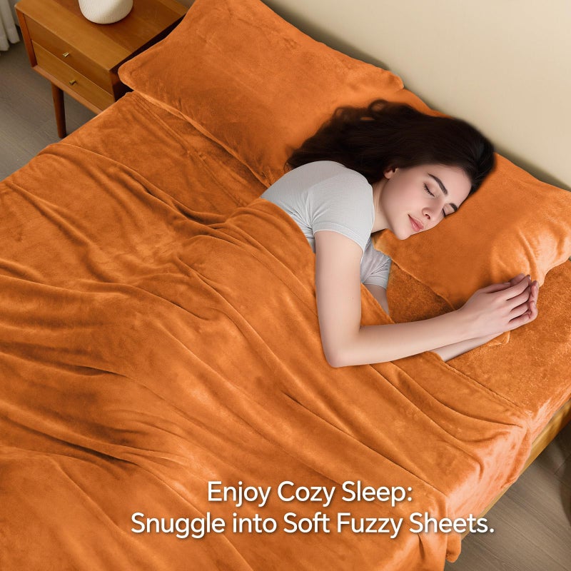 BEDELITE Flannel Sheets Twin Size Burnt Orange - Super Soft Fall Fleece Sheets Set Fluffy Extra Plush  3 Piece(Include Fitted Sheet  Flat Sheet  1 Pillowcase) - Image 3