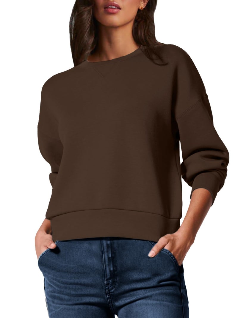 Glamaker Women's Basic Cropped Pullover Sweatshirt Casual Solid Air Essentials Crewneck Long Sleeve Shirts Tops with Back Fold(Brown M) - Image 1