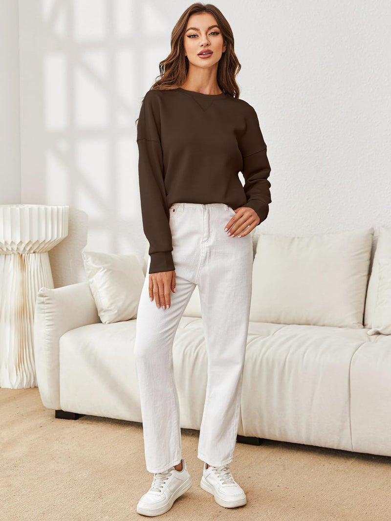 Glamaker Women's Basic Cropped Pullover Sweatshirt Casual Solid Air Essentials Crewneck Long Sleeve Shirts Tops with Back Fold(Brown M) - Image 4