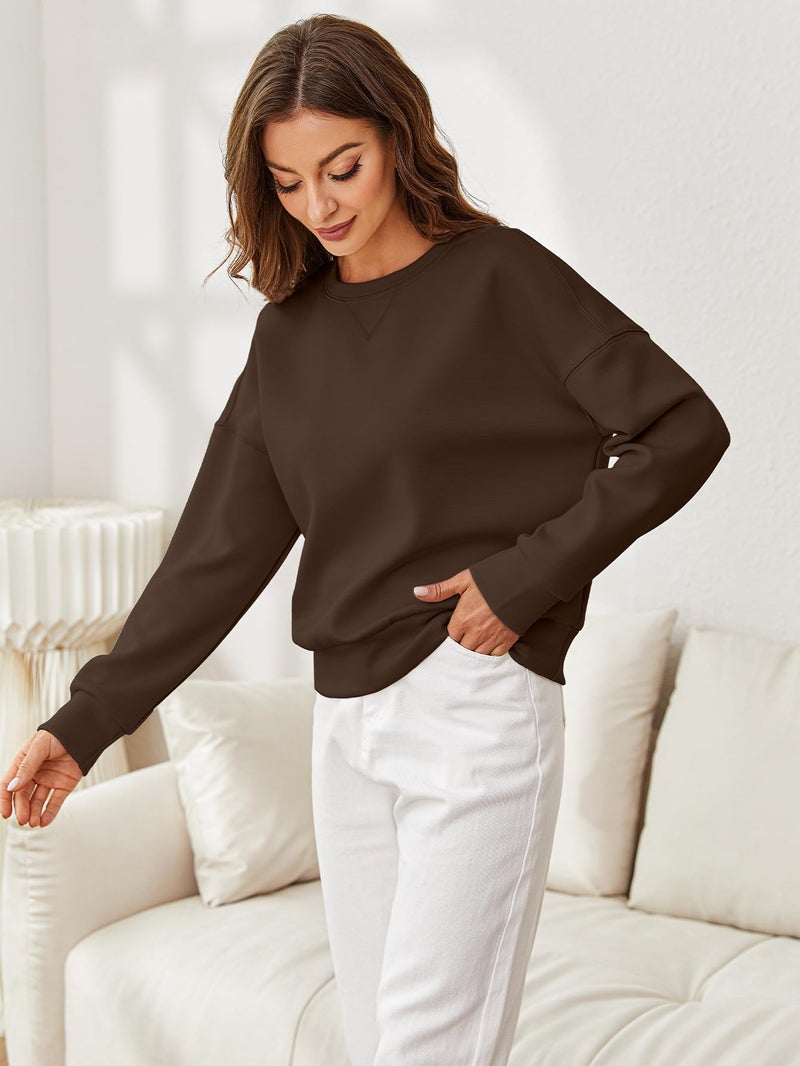 Glamaker Women's Basic Cropped Pullover Sweatshirt Casual Solid Air Essentials Crewneck Long Sleeve Shirts Tops with Back Fold(Brown M) - Image 3