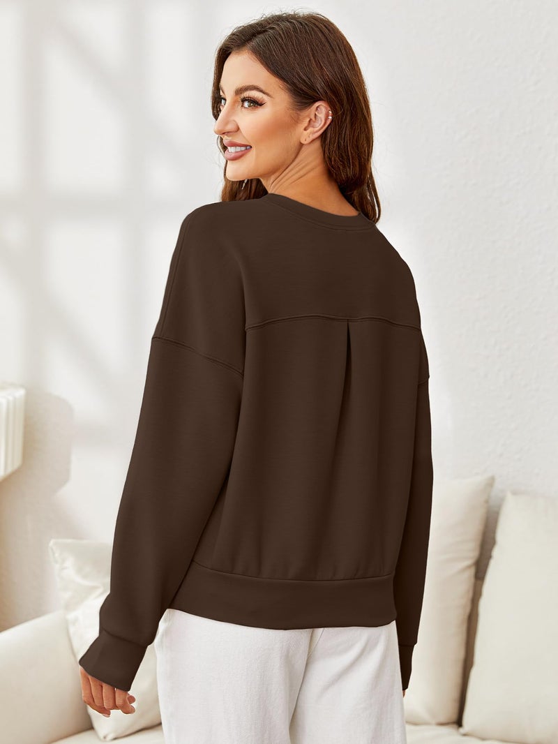 Glamaker Women's Basic Cropped Pullover Sweatshirt Casual Solid Air Essentials Crewneck Long Sleeve Shirts Tops with Back Fold(Brown M) - Image 5