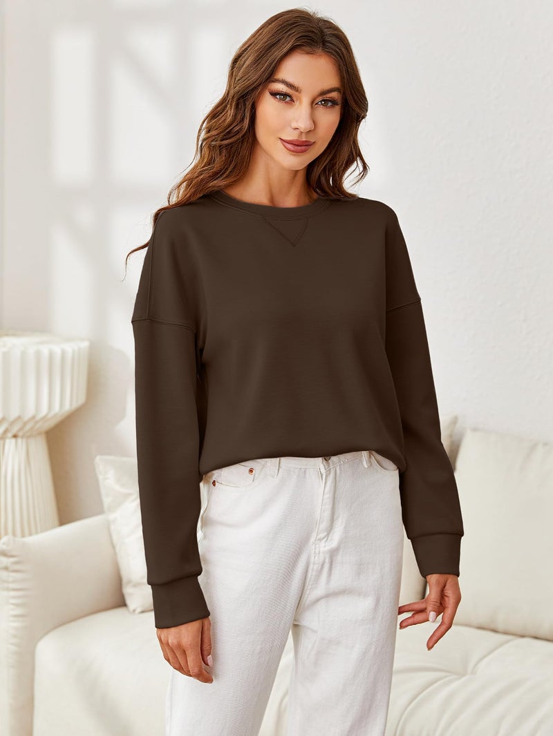 Glamaker Women's Basic Cropped Pullover Sweatshirt Casual Solid Air Essentials Crewneck Long Sleeve Shirts Tops with Back Fold(Brown M) - Image 2