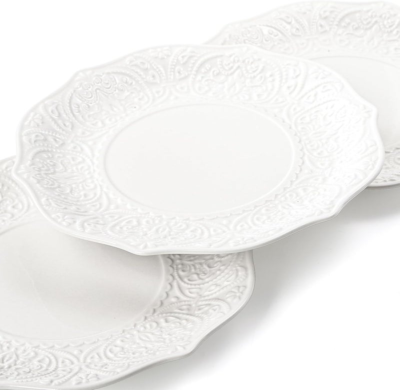 SOUJOY Set of 6 Salad Plate 8 Inch Porcelain Dessert Serving Plates Embossed Printing Small Dinner Dish for Pancakes Steak Microwave Dishwasher Safe - Image 4