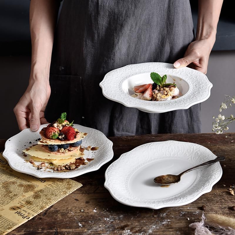 SOUJOY Set of 6 Salad Plate 8 Inch Porcelain Dessert Serving Plates Embossed Printing Small Dinner Dish for Pancakes Steak Microwave Dishwasher Safe - Image 5