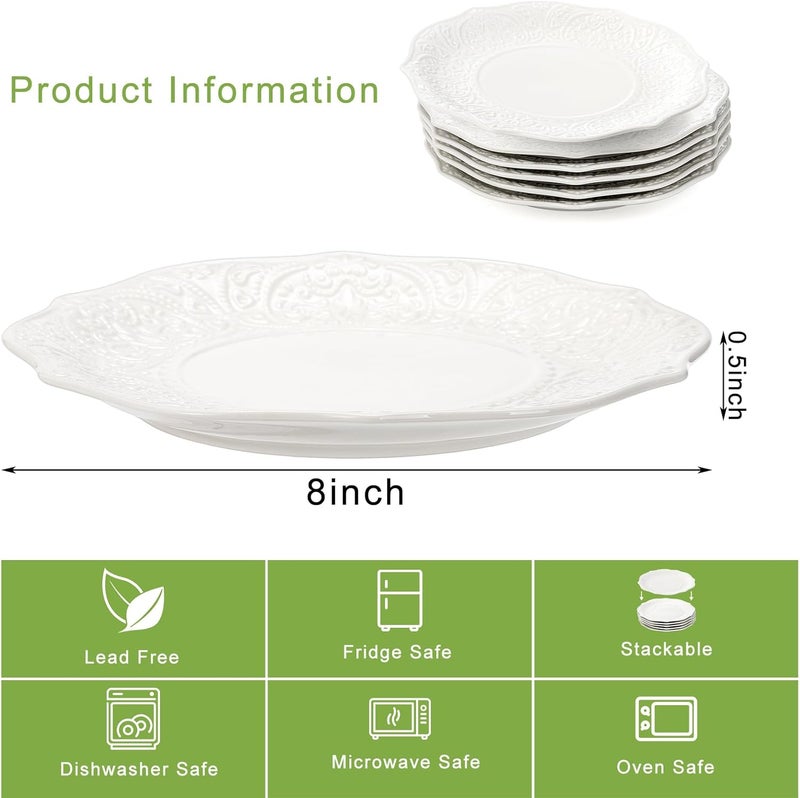 SOUJOY Set of 6 Salad Plate 8 Inch Porcelain Dessert Serving Plates Embossed Printing Small Dinner Dish for Pancakes Steak Microwave Dishwasher Safe - Image 2