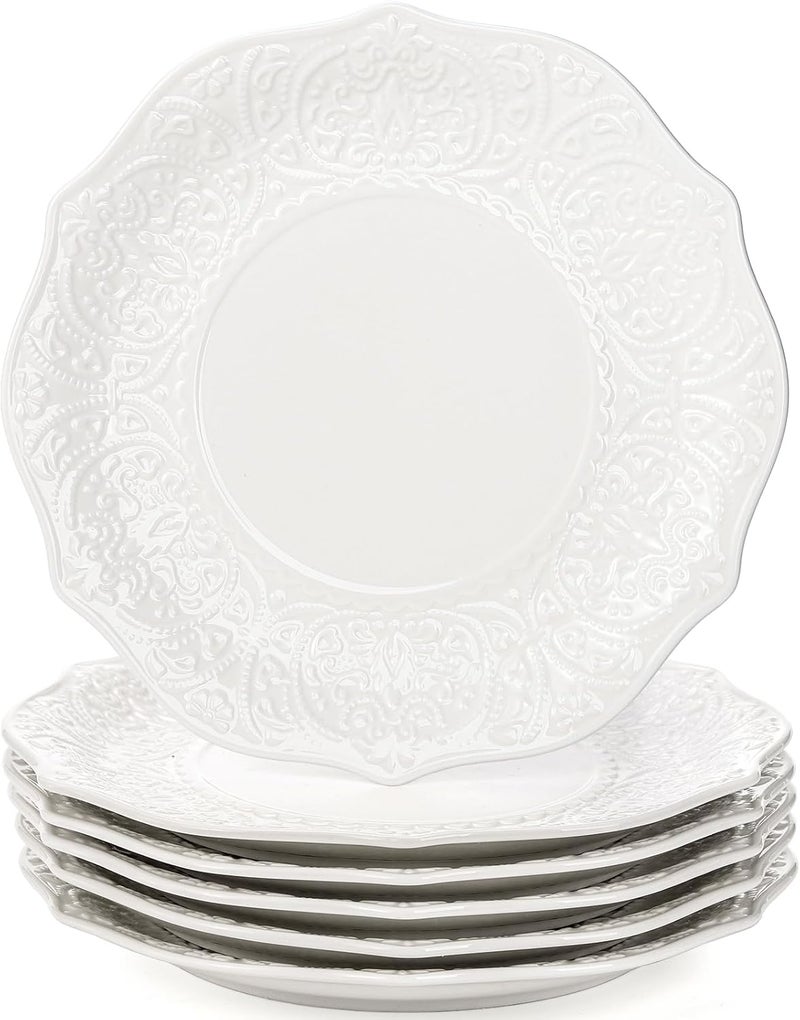 SOUJOY Set of 6 Salad Plate 8 Inch Porcelain Dessert Serving Plates Embossed Printing Small Dinner Dish for Pancakes Steak Microwave Dishwasher Safe - Image 1