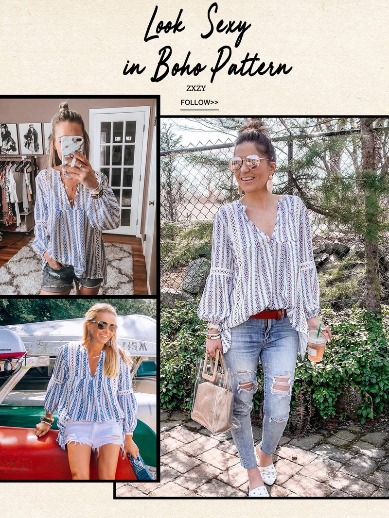 ZXZY Women Long Sleeve V Neck Hollow Out Floral Print Shirt Tops Long Blouse Tee, Small, Blue - Image 5