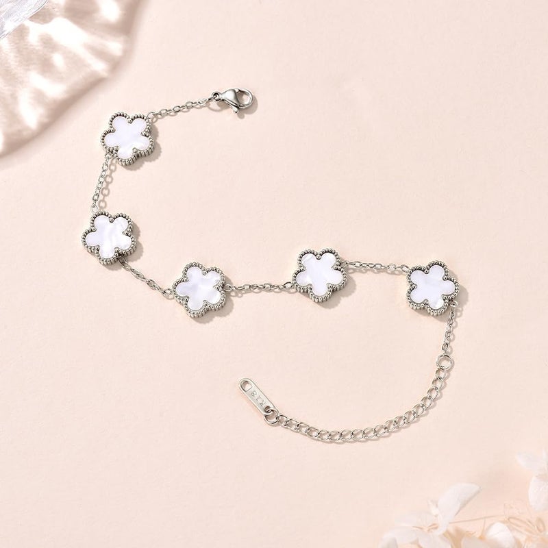 FLY FEI 18K Gold-Plated Four Leaf Clover Bracelet for Women,Adjustable lucky Bracelet Set Jewelry Gift-Hypoallergenic Charm for Birthdays, Wellness & Daily Wear(style03-Black+White(silvery2pcs)) - Image 5