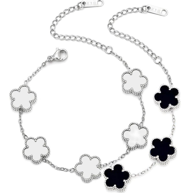 FLY FEI 18K Gold-Plated Four Leaf Clover Bracelet for Women,Adjustable lucky Bracelet Set Jewelry Gift-Hypoallergenic Charm for Birthdays, Wellness & Daily Wear(style03-Black+White(silvery2pcs)) - Image 1