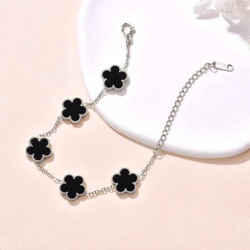 FLY FEI 18K Gold-Plated Four Leaf Clover Bracelet for Women,Adjustable lucky Bracelet Set Jewelry Gift-Hypoallergenic Charm for Birthdays, Wellness & Daily Wear(style03-Black+White(silvery2pcs)) - Image 4