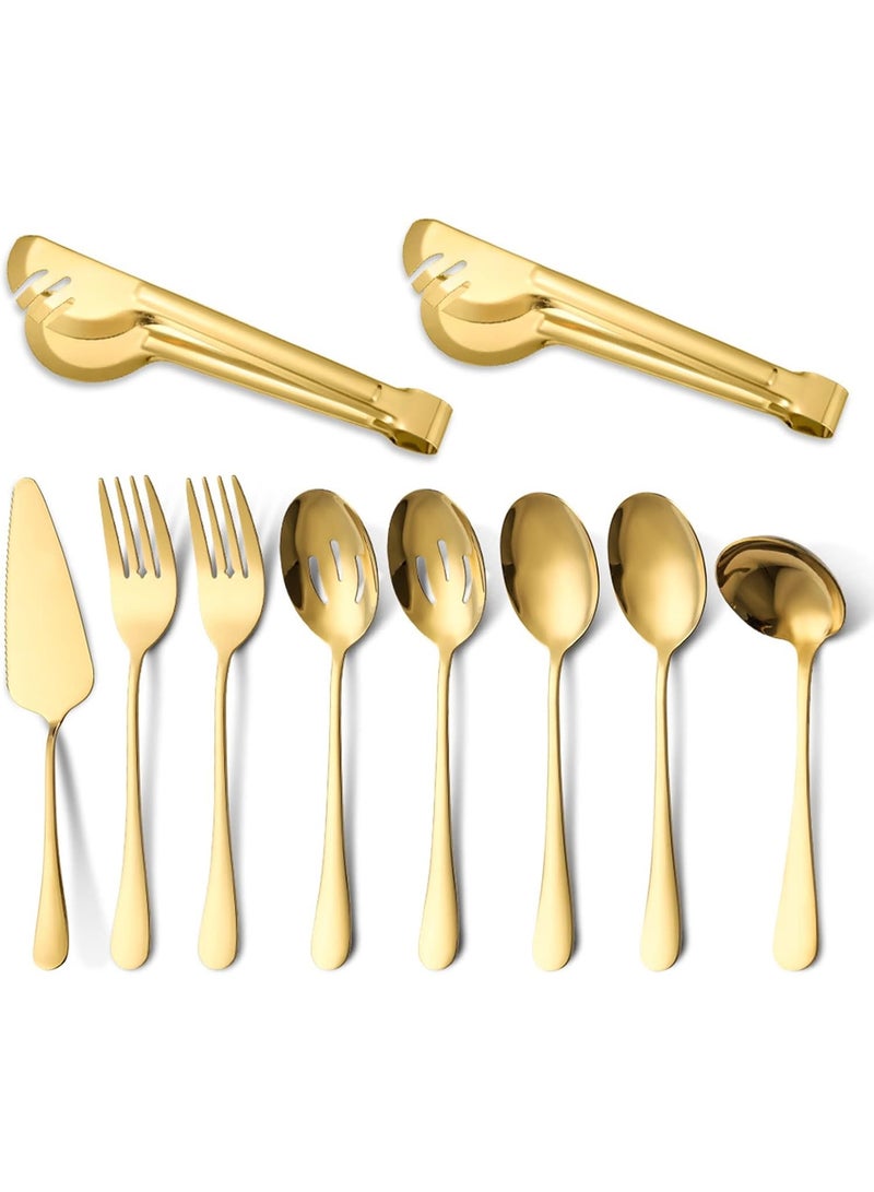 Soofam 10 Pcs Stainless Steel Catering Serving Utensils with Large Cooking Utensil Serving Spoon,Slotted Spoons,Serving Forks,Soup Ladle,Serving Tongs, for Parties,Kitchen,Buffet (Gold) - Image 2