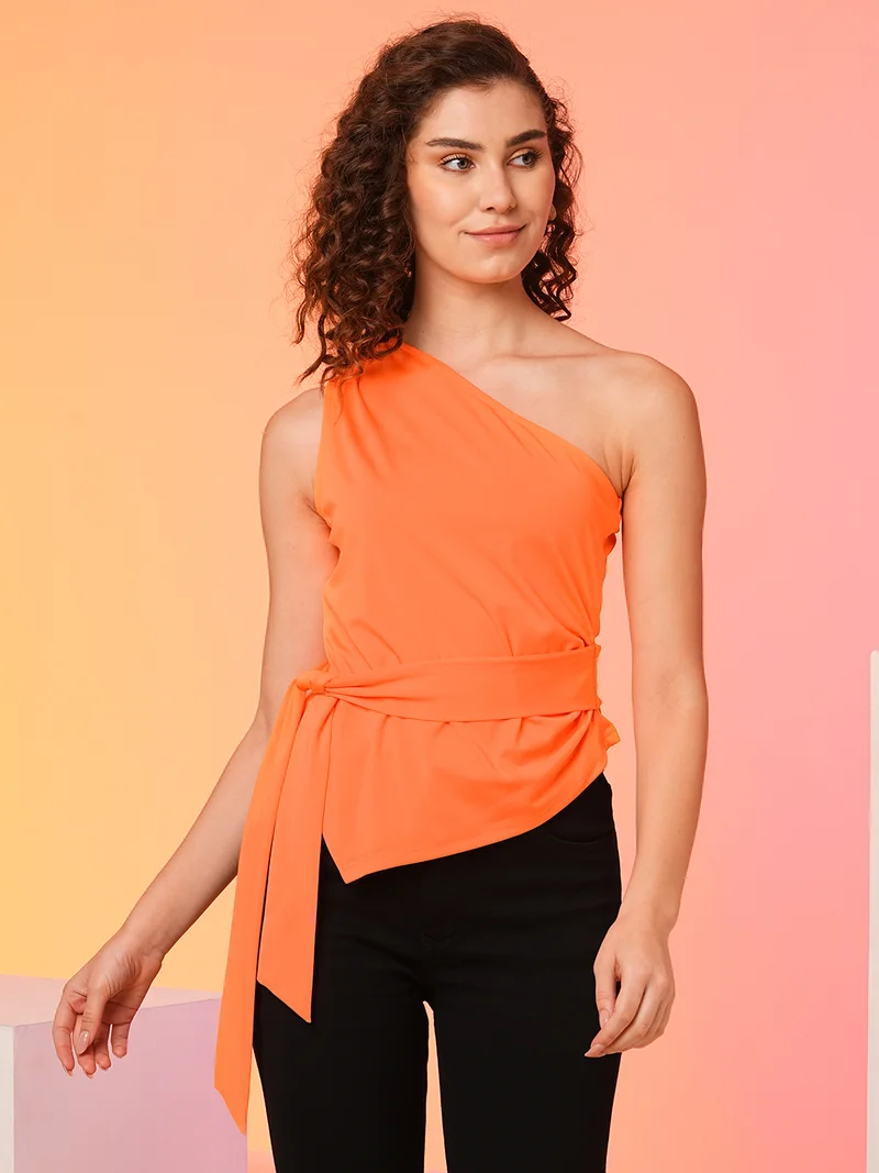 Women Orange One Shoulder Waist Tie Up Party Top