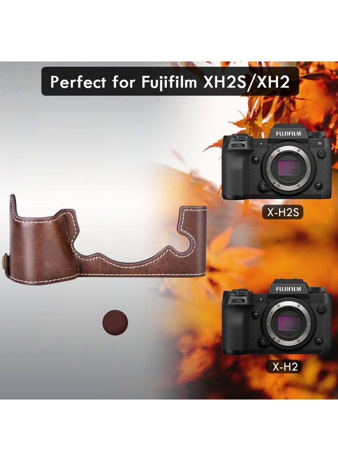 Rieibi X-H2S/ X-H2 غلاف - غلاف نصف مصنوع من جلد PU عالي الجودة لكاميرا فوجي فيلم XH2S/ XH2 الرقمية - غلاف واقي للجسم لكاميرا Fuji XH2s XH2 - بني - Image 2