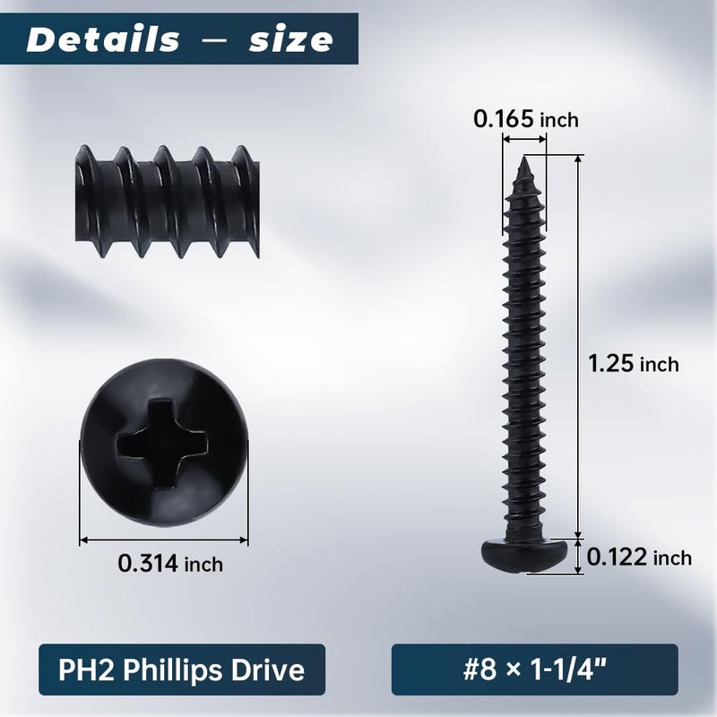 Glvaner #8 x 1-1/4 inch Phillips Pan Head Self Tapping Screws for Wood, Black Coated, 304 Stainless Steel 18-8, Round Head Sheet Metal Tek Screws, 50 pcs - Image 3