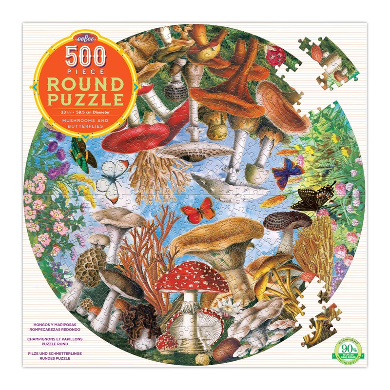 eeBoo: Piece and Love Mushrooms and Butterflies 500 Piece Round Circle Jigsaw Puzzle, Jigsaw Puzzle for Adults and Families, Includes Glossy and Sturdy Pieces - Image 1