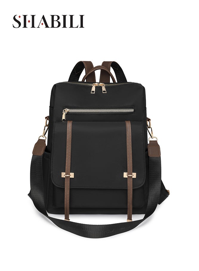 SHABILI Women's Nylon Backpack with Multiple Pockets, Ladies Functional Back Bag Shoulder Bag Laptop Bag Tourist Bag College Bag School Bag for Girls, Female Students, Office, Travel and Daily Use (Black) - Image 1